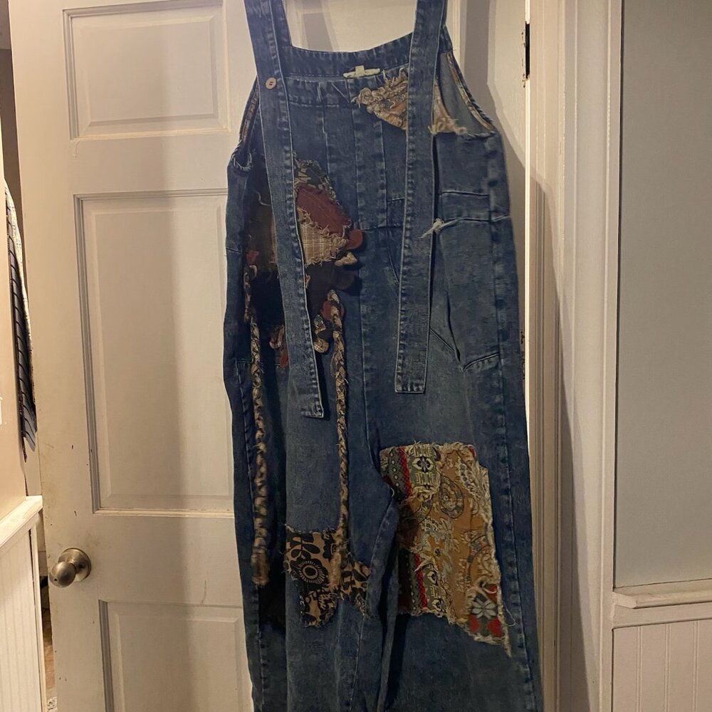 Blue Velvet patchwork overalls, size medium